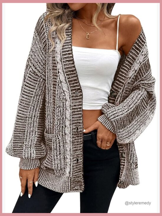 Sweaters - Oversized Cardigan Sweater Long Sleeve Cable Knit Outerwear Coat with Pockets